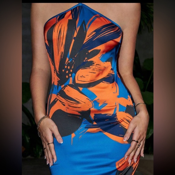 Blue and orange floral print high neck midi dress | NWT - Picture 7 of 8
